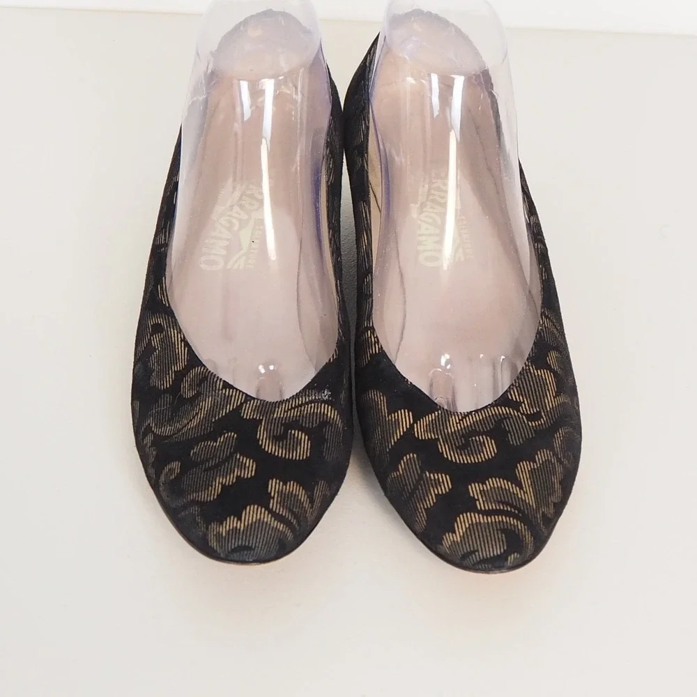 Salvatore Ferragamo Wedges Womens 5.5 Black Gold Brocade Low Heel Made in Italy
